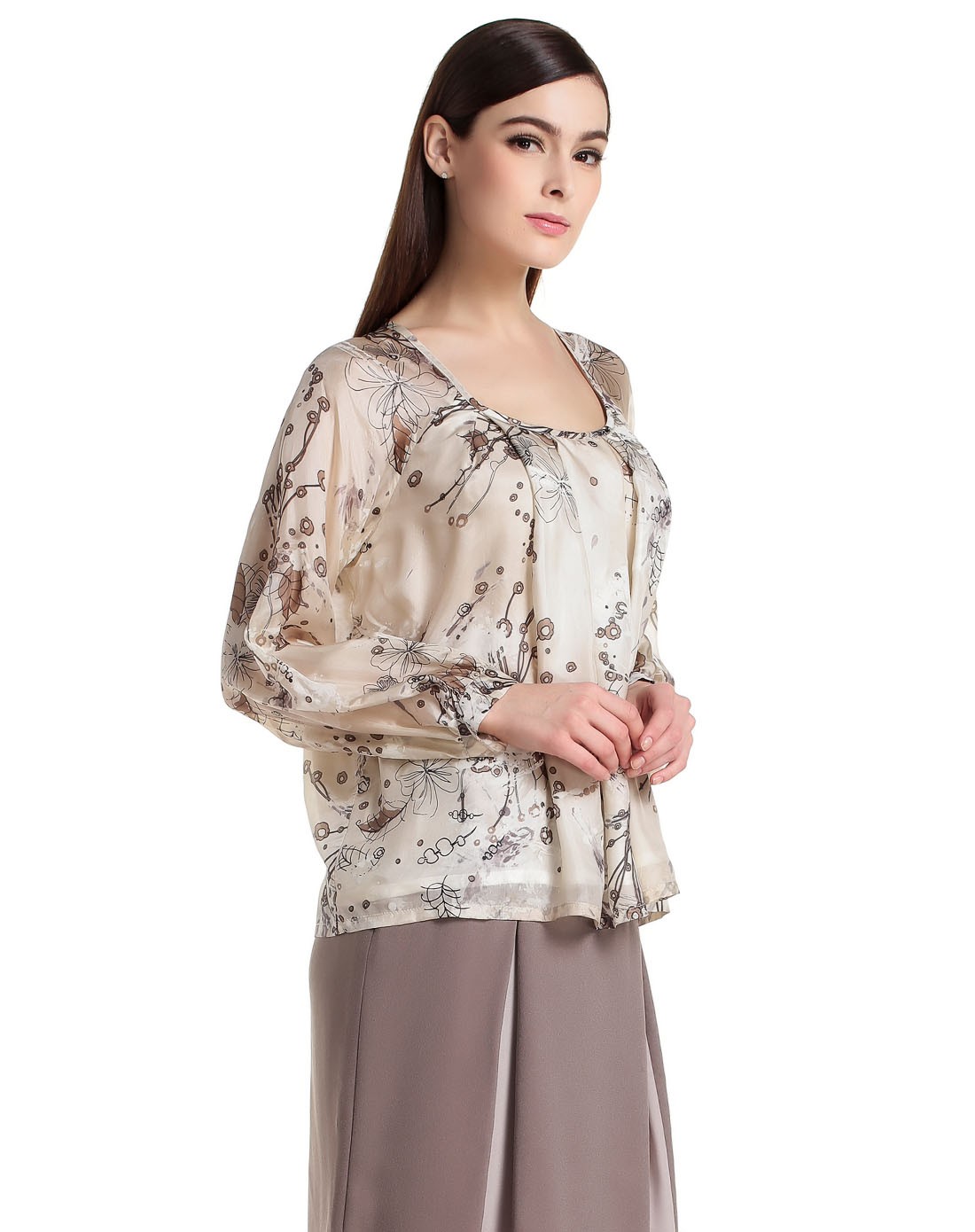 滕氏tengs&萨侬sanong女装滕氏tengs米杏色淑女印花长袖衬衫18911b10