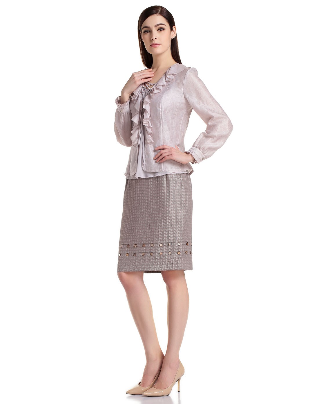 滕氏tengs&萨侬sanong女装滕氏tengs浅粉色淑女暗花纹长袖衬衫18921