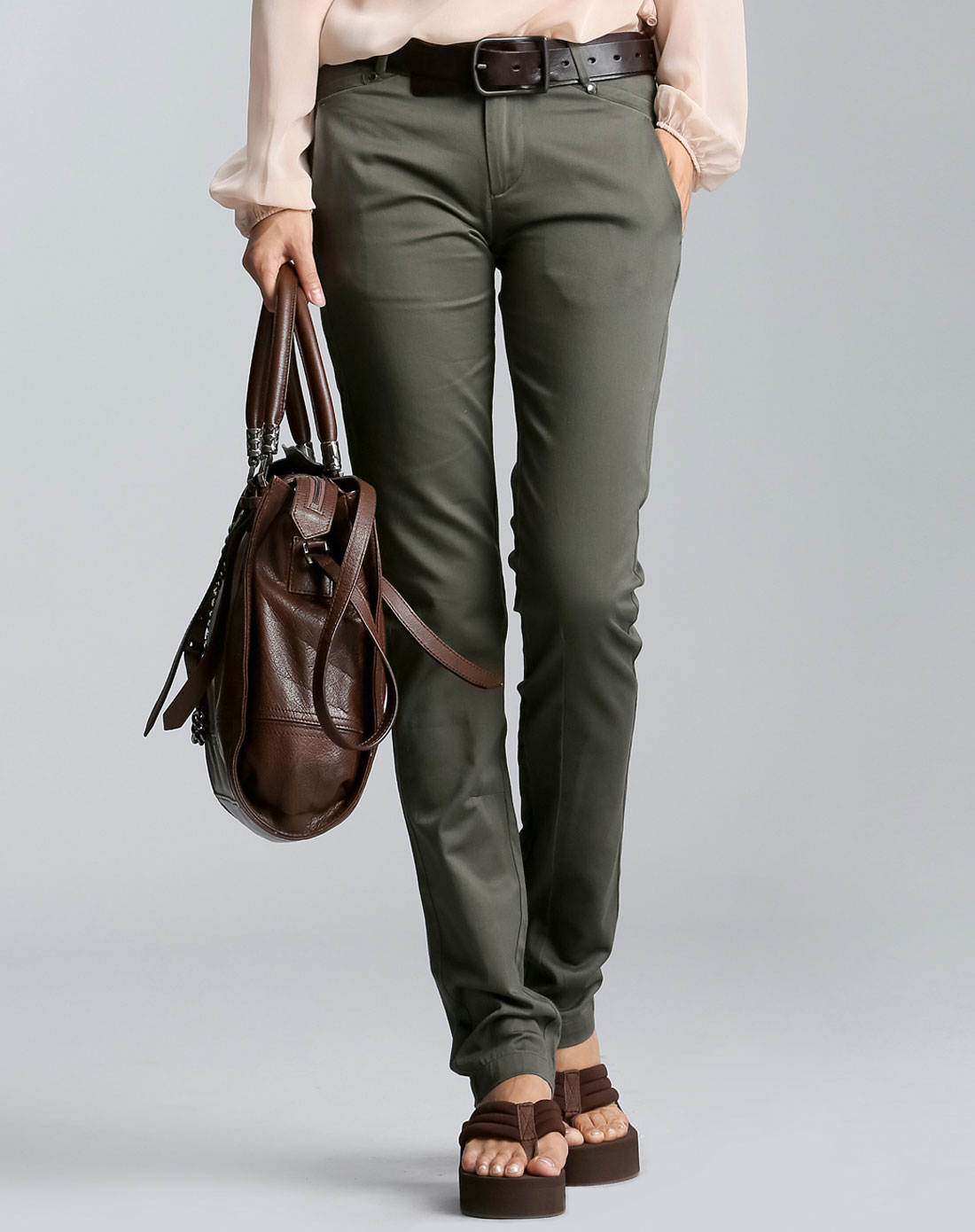 艾米amii灰绿色百搭修身长裤11240578286_唯品会