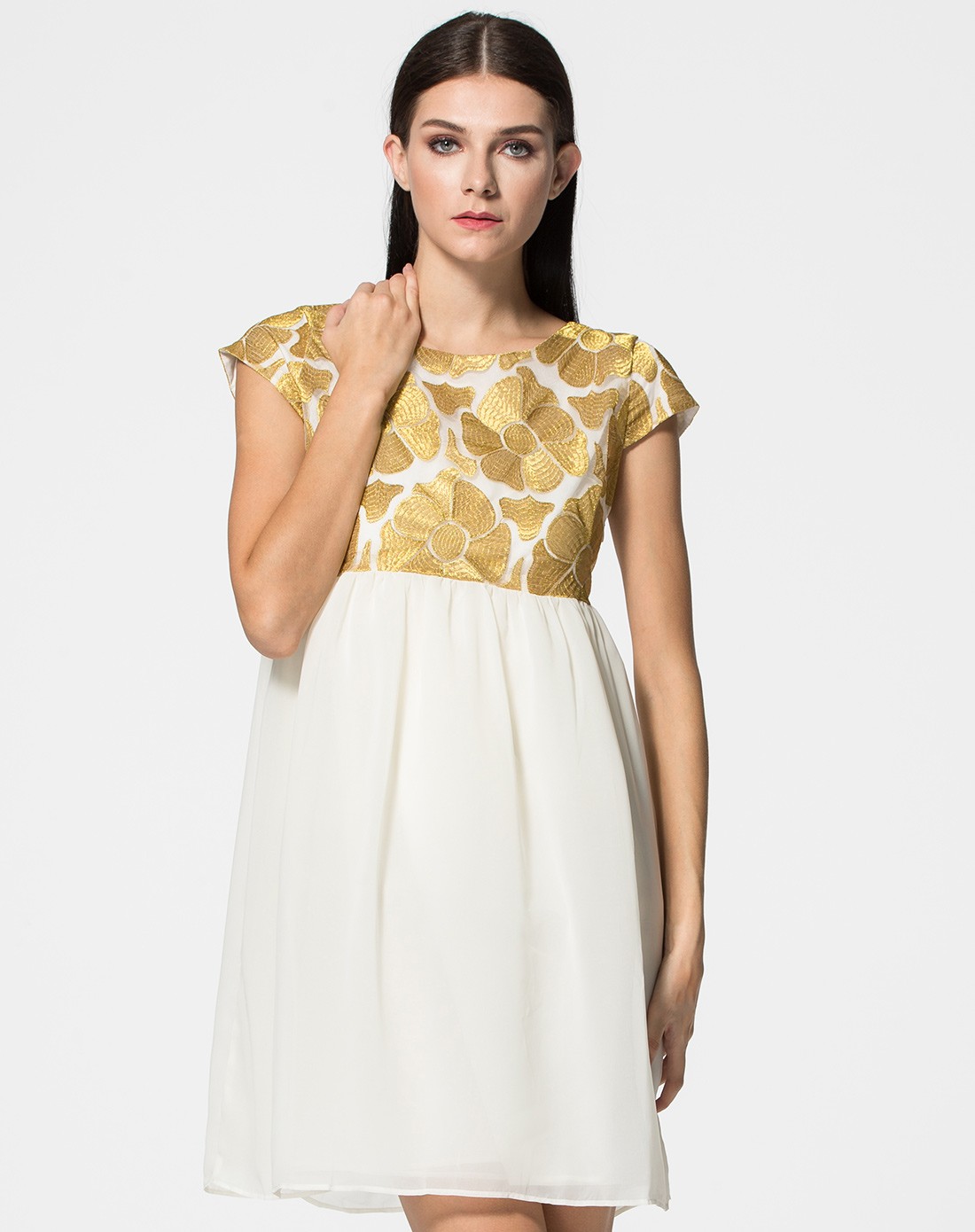 22octobre 白/金色拼接刺绣高贵连衣裙
