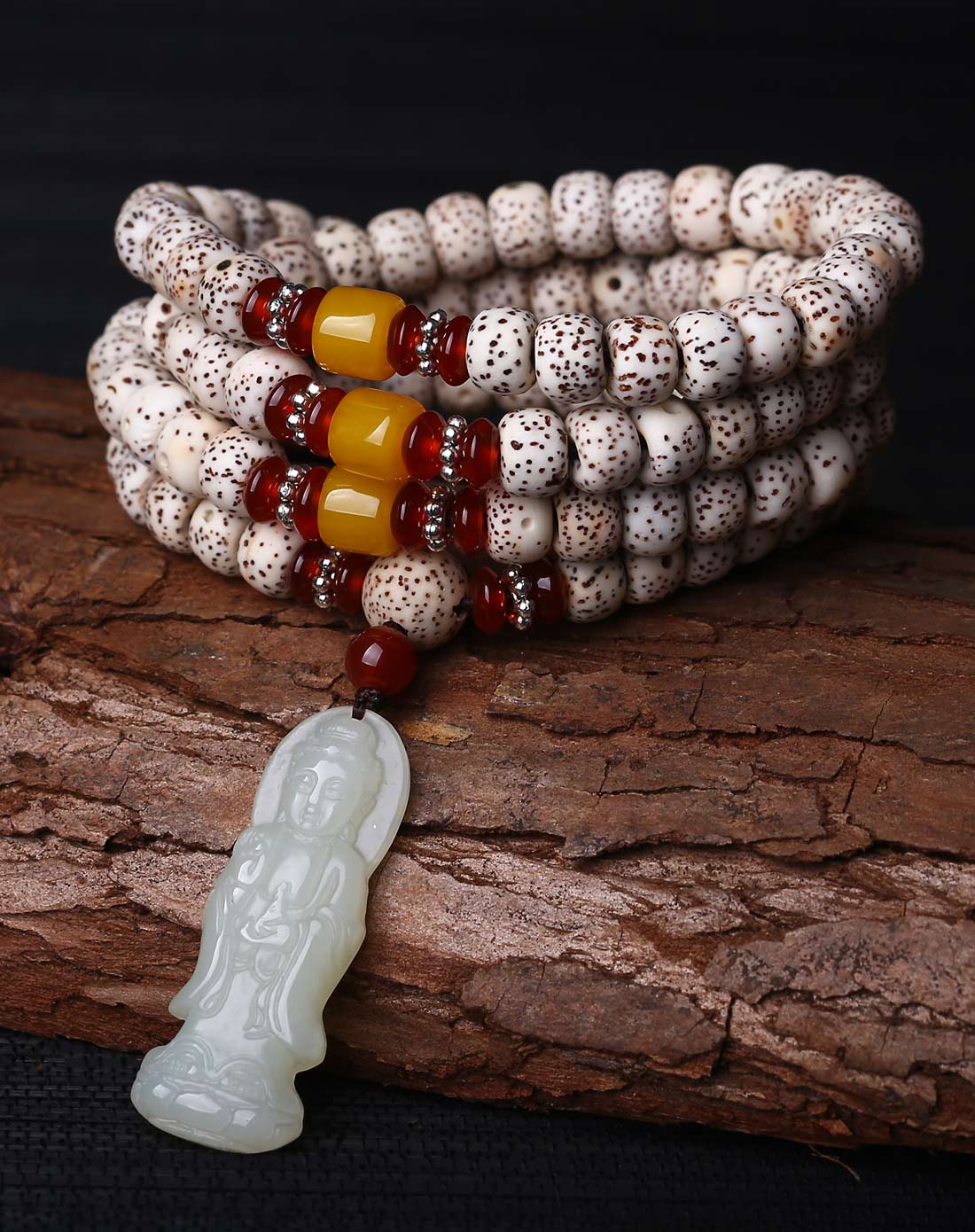 天然正月星月菩提和田玉观音吊坠附证书