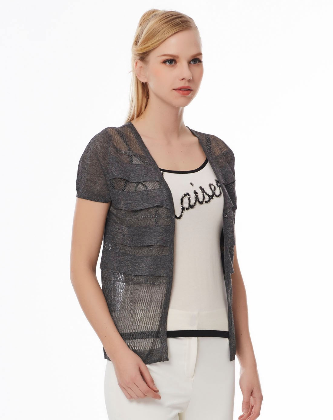 灰色轻薄通透针织开衫