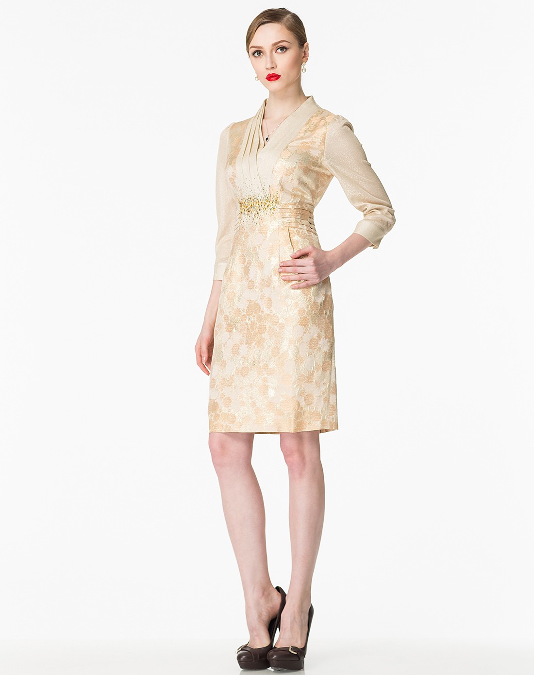 路逸沙·美louisa m女装专场 > 金色气质时尚九分袖连衣裙