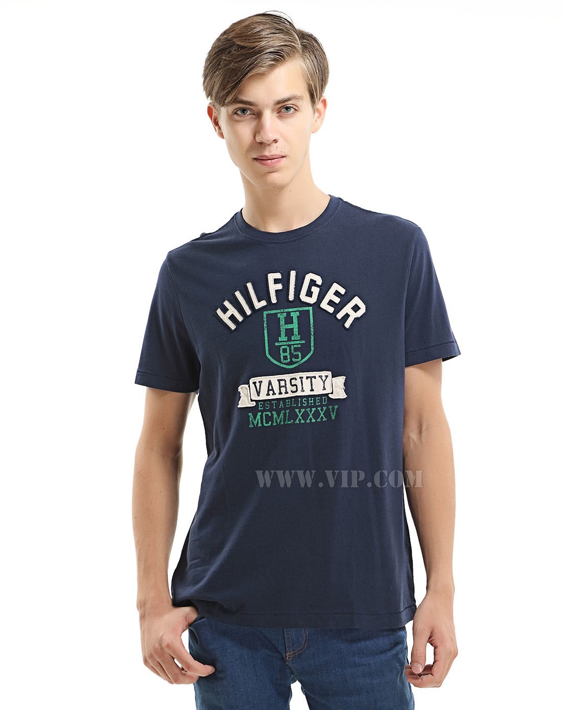 春夏名牌tommy hilfiger男士字母图案藏蓝色休闲短袖t恤衫c887854901