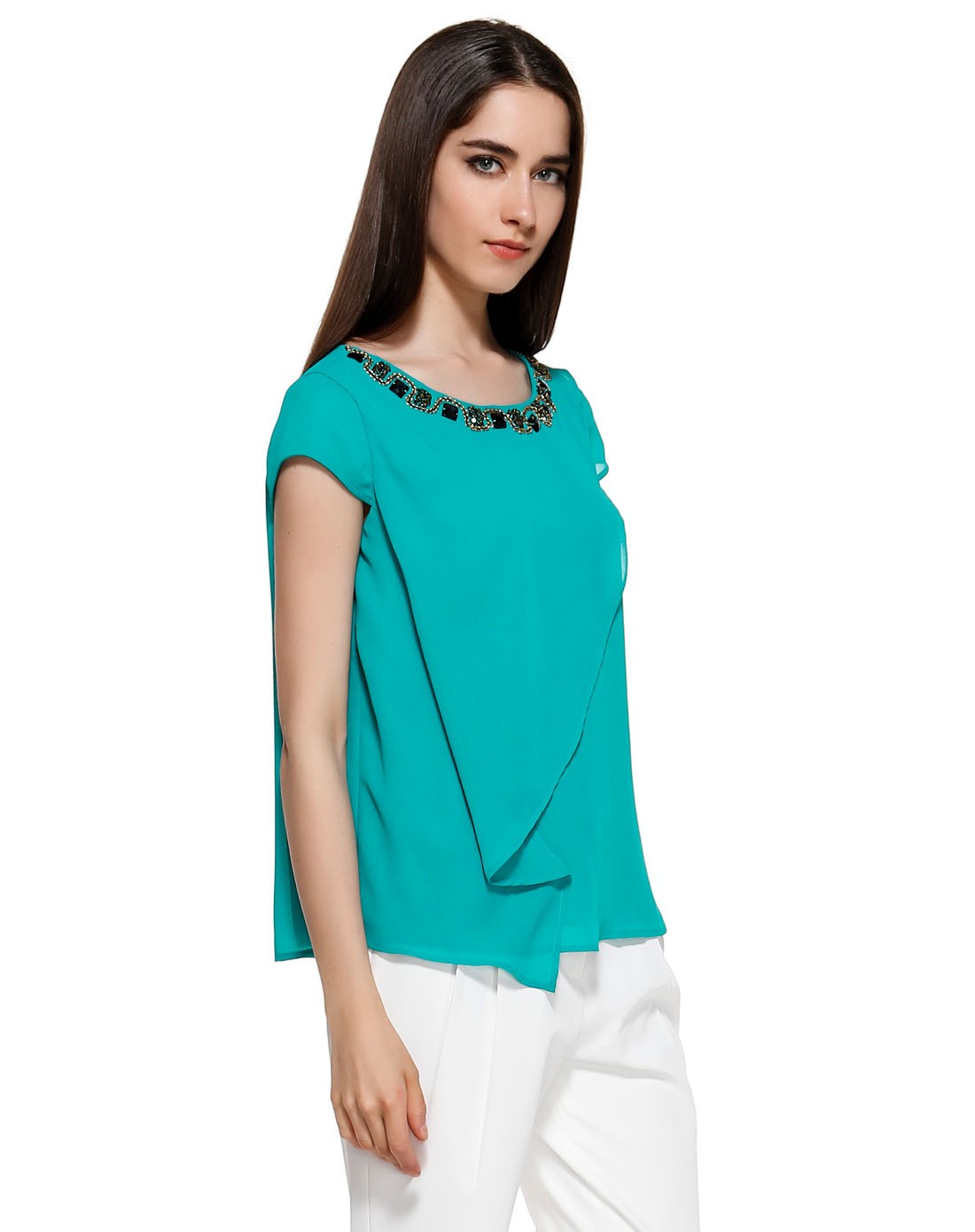 蓝绿色淑女时尚镶钻短袖上衣
