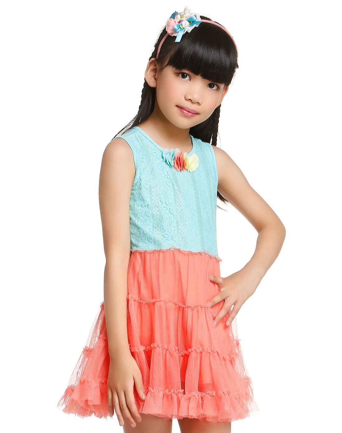 女童海洋蓝色网纱淑女背心连衣裙