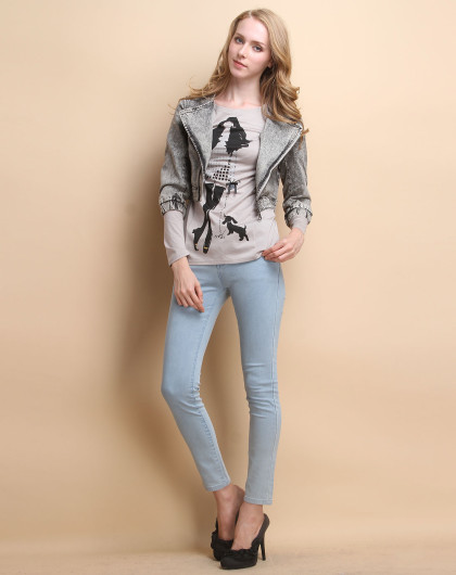 灰黑色时尚牛仔圆领斜拉链长袖外套