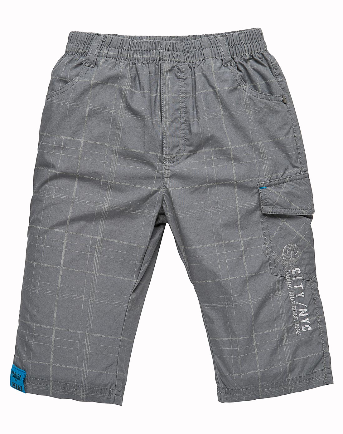 男中童深灰印格平纹布裤子