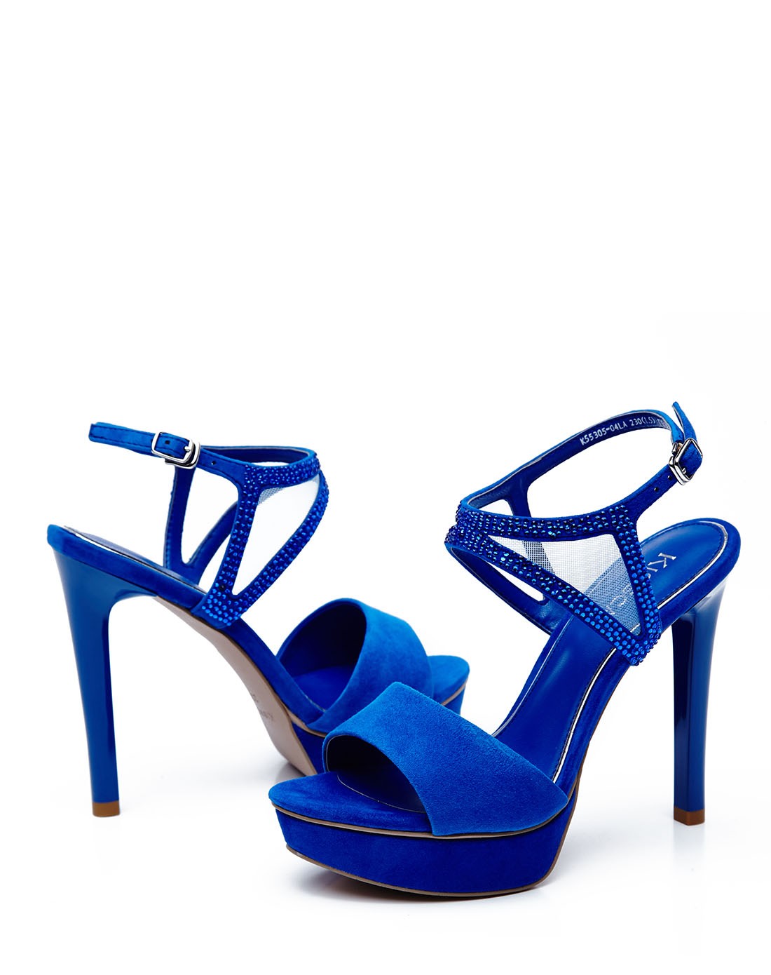 15年专柜同步新款深蓝色羊反绒/人造革超高跟条带凉鞋