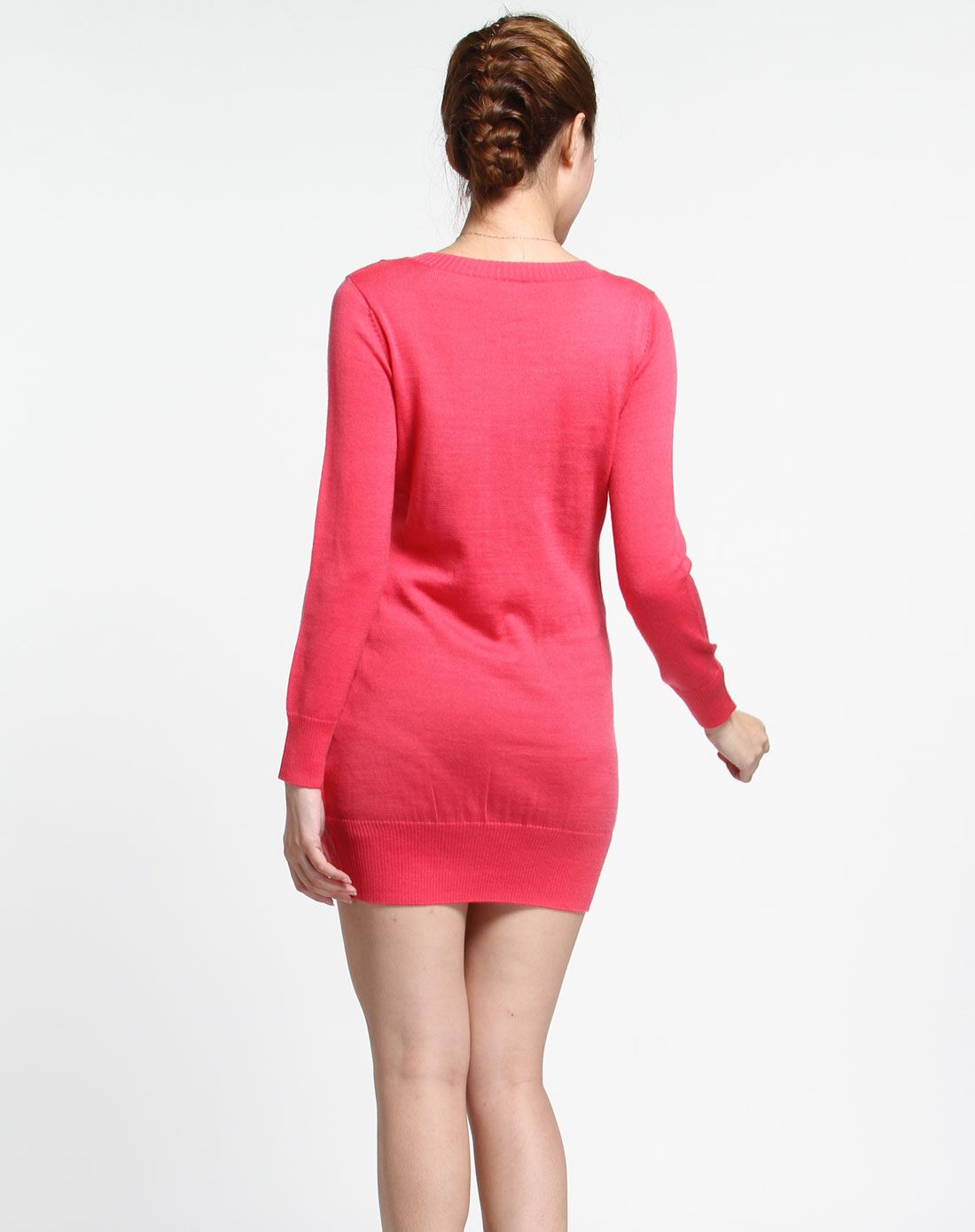 桃红色饰褶百搭长款长袖毛衫