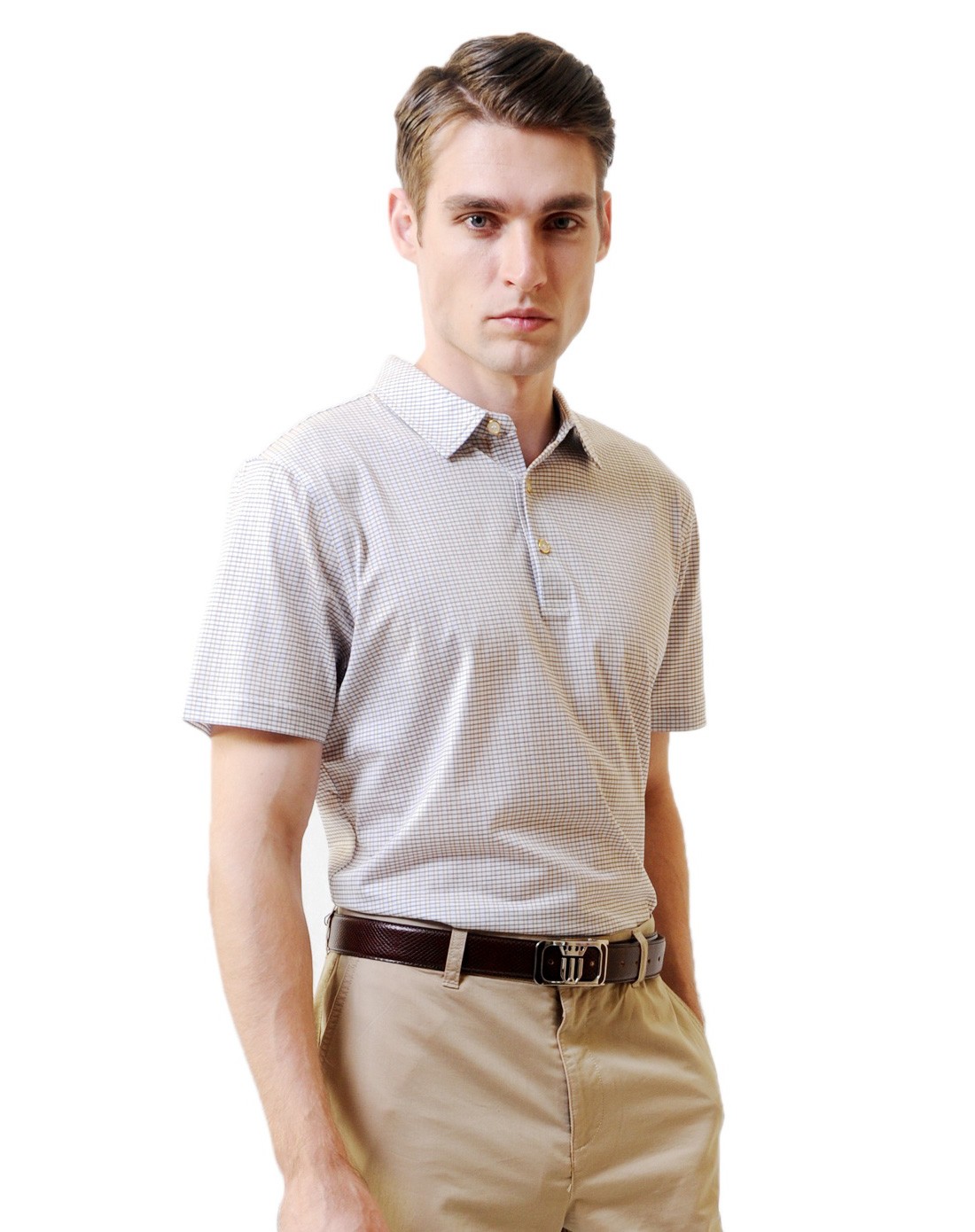 鲜橙/蓝色翻领斯文大方格纹短袖t恤