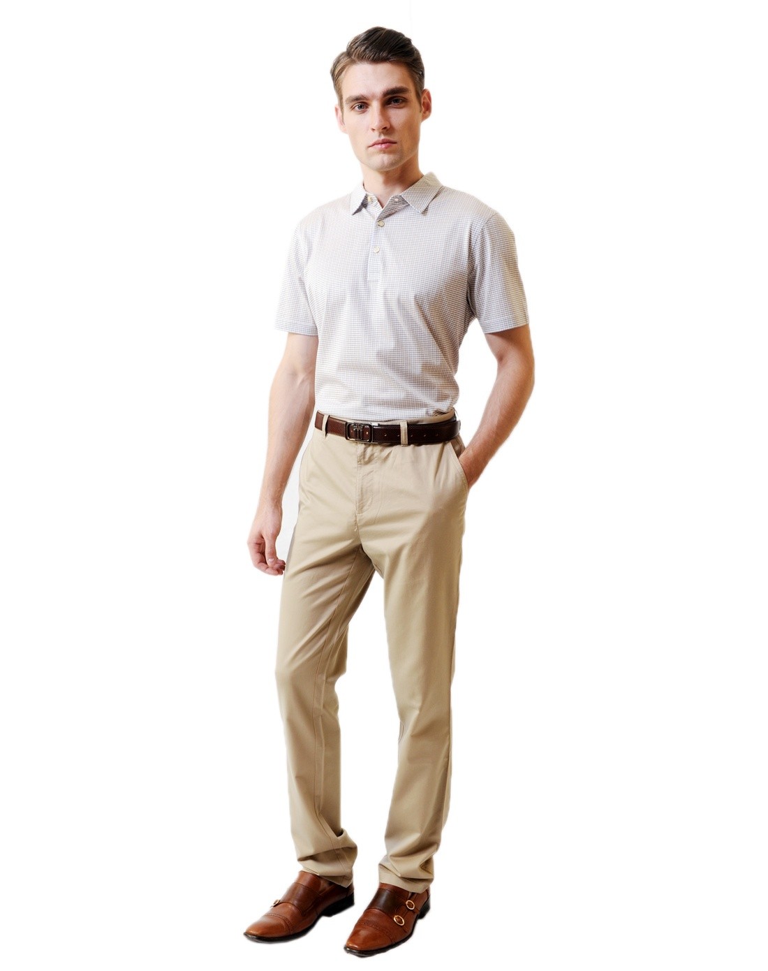 鲜橙/蓝色翻领斯文大方格纹短袖t恤