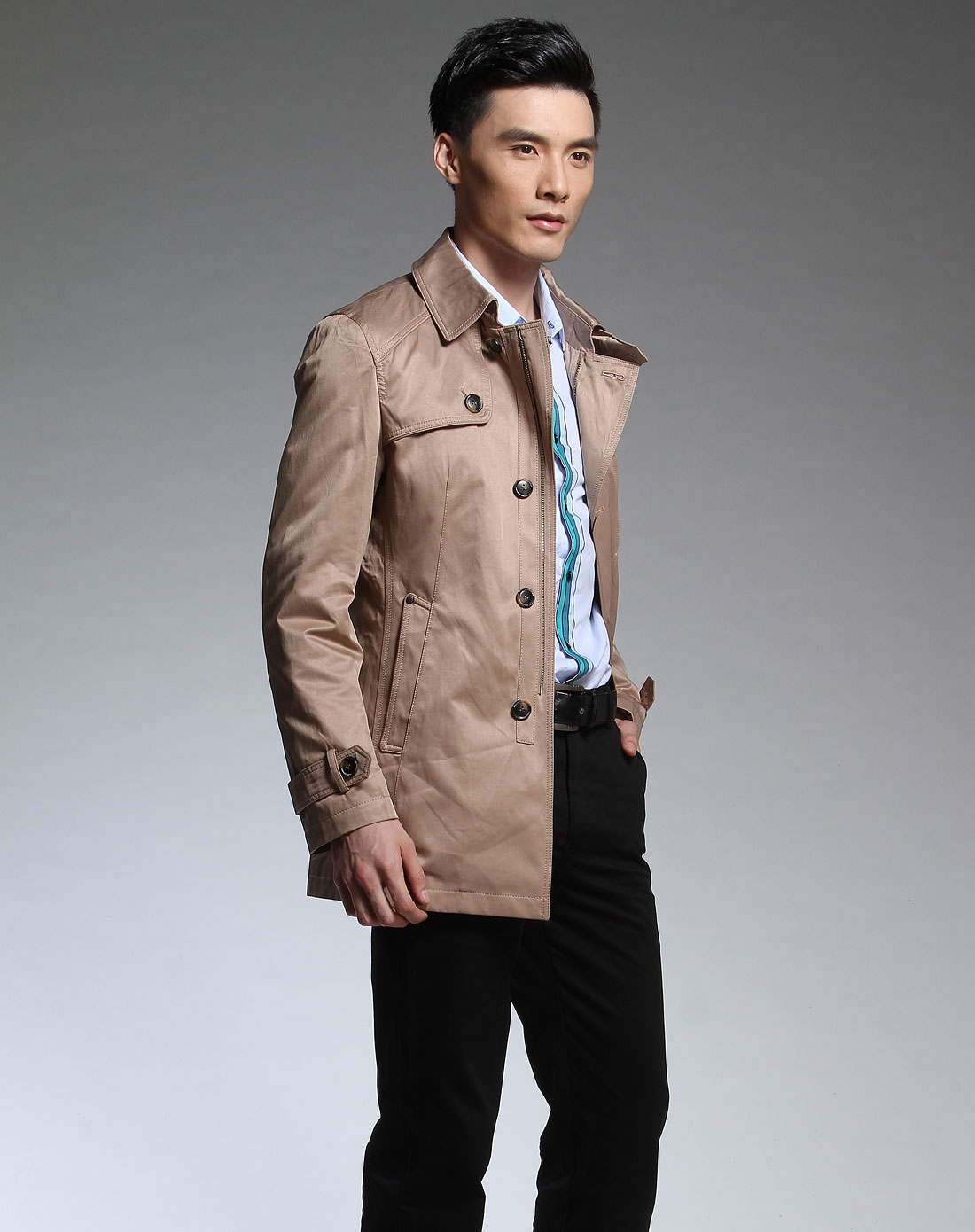 克莱蒙梭clemenceau男装专场-男款卡其色帅气长袖风衣