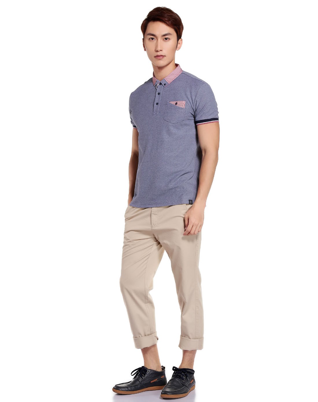 撞色领口 男款墨蓝花灰色短袖t恤 时尚微领