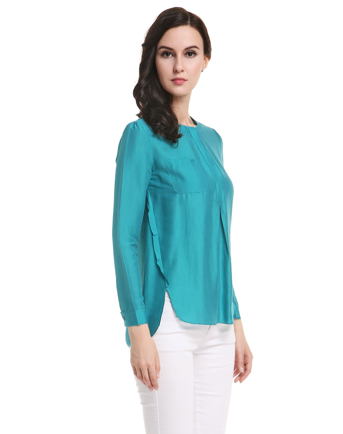 青绿色通勤简约百搭长袖上衣