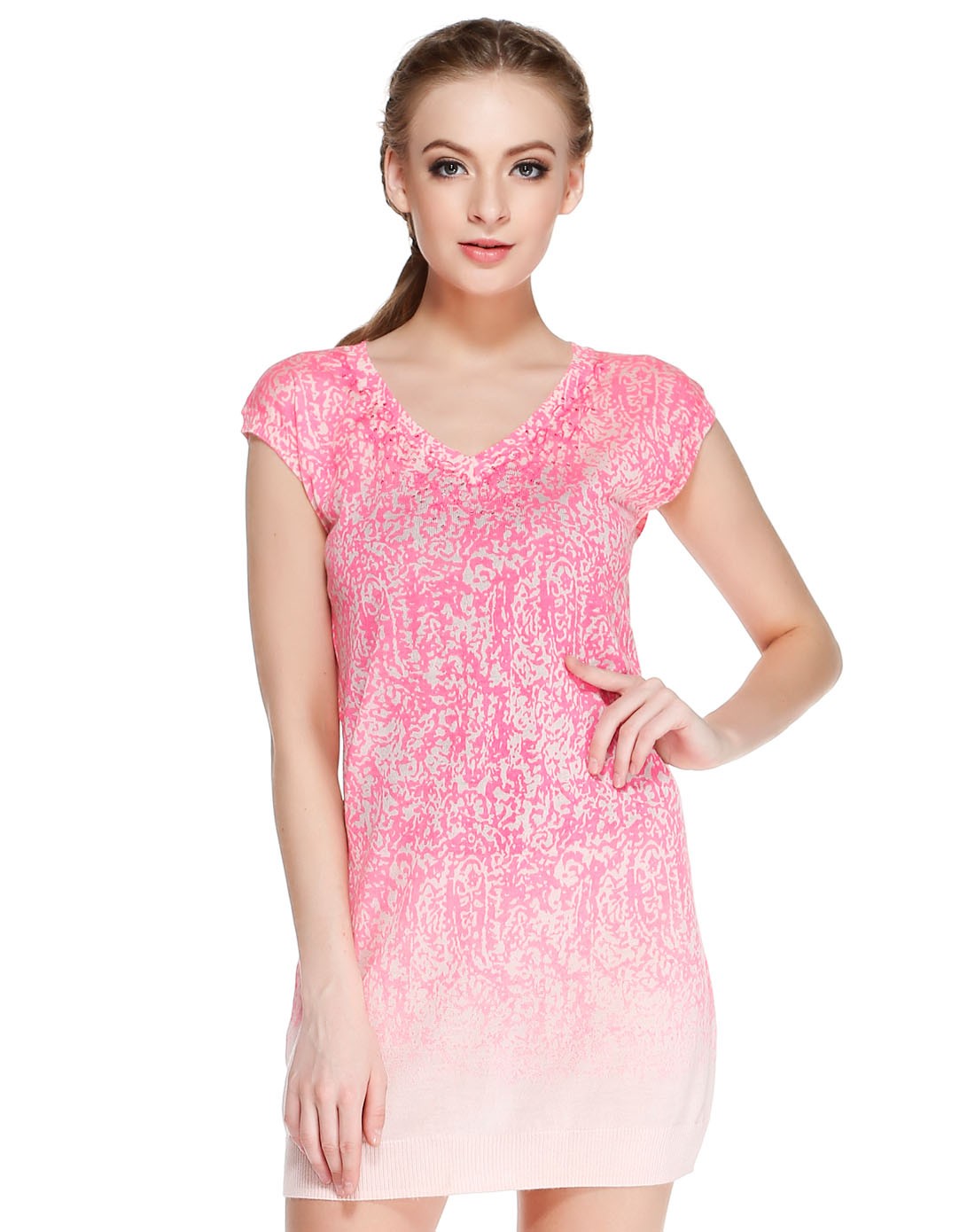 玫红/浅粉色淑女v领盖肩袖针织连衣裙