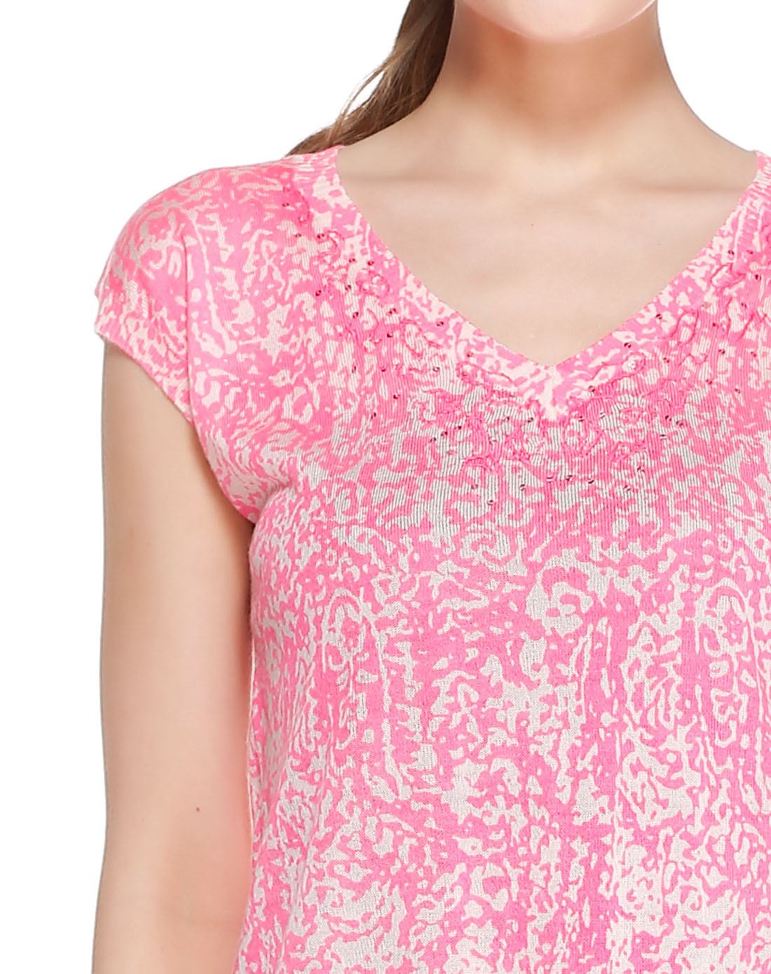 玫红/浅粉色淑女v领盖肩袖针织连衣裙