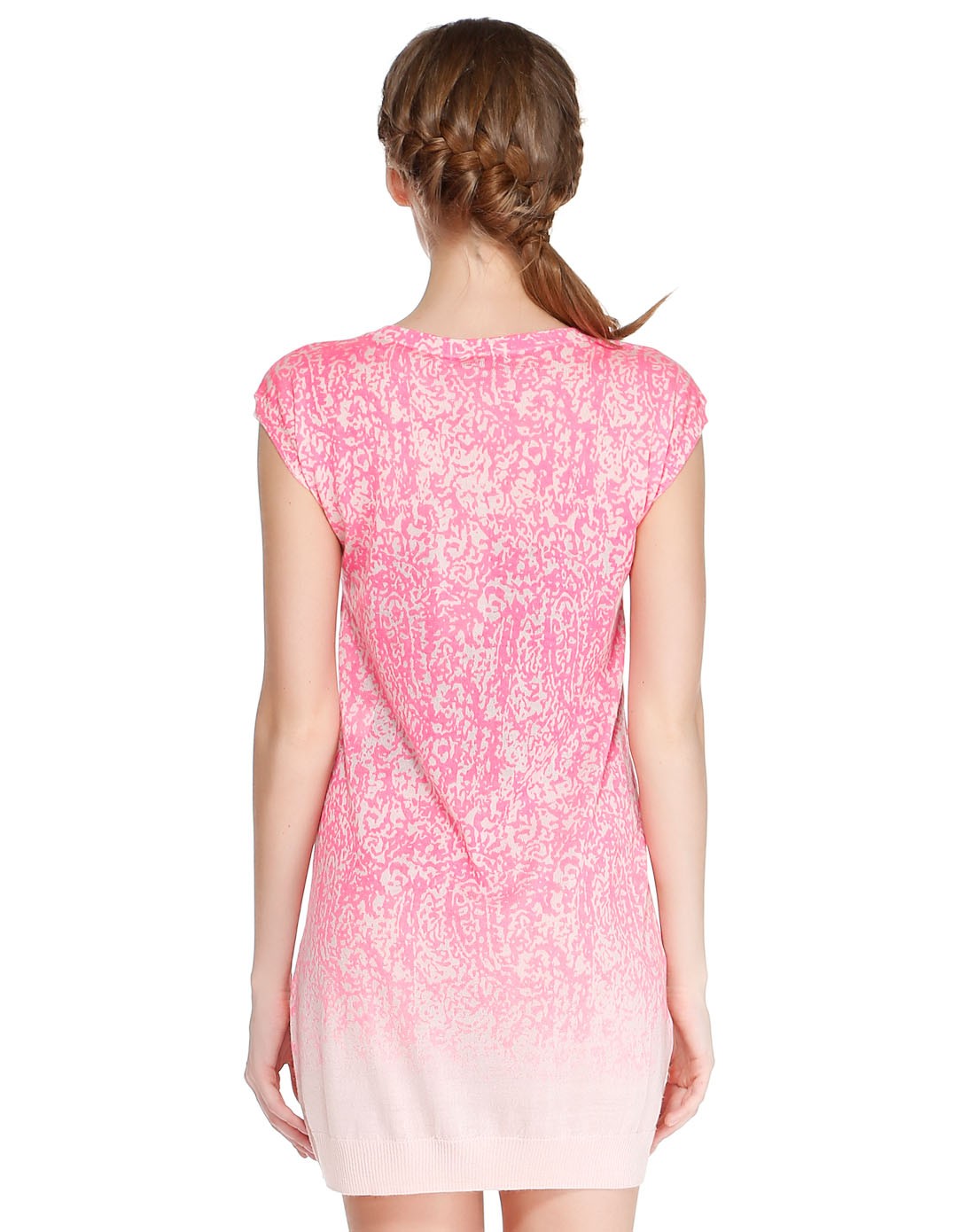 玫红/浅粉色淑女v领盖肩袖针织连衣裙