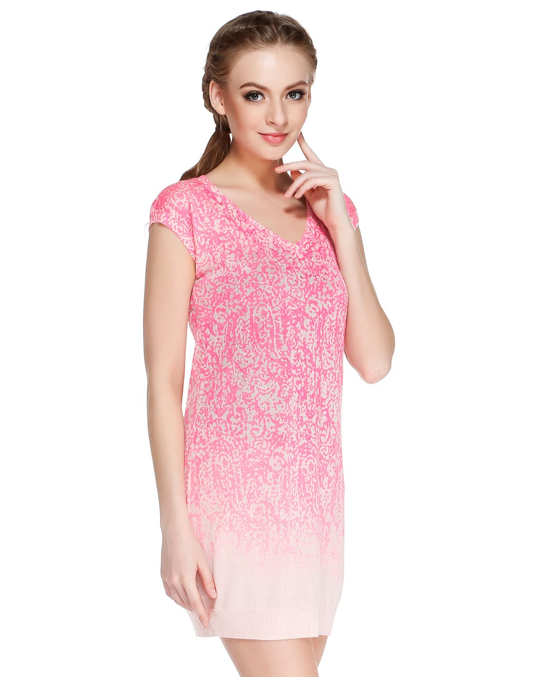 玫红/浅粉色淑女v领盖肩袖针织连衣裙