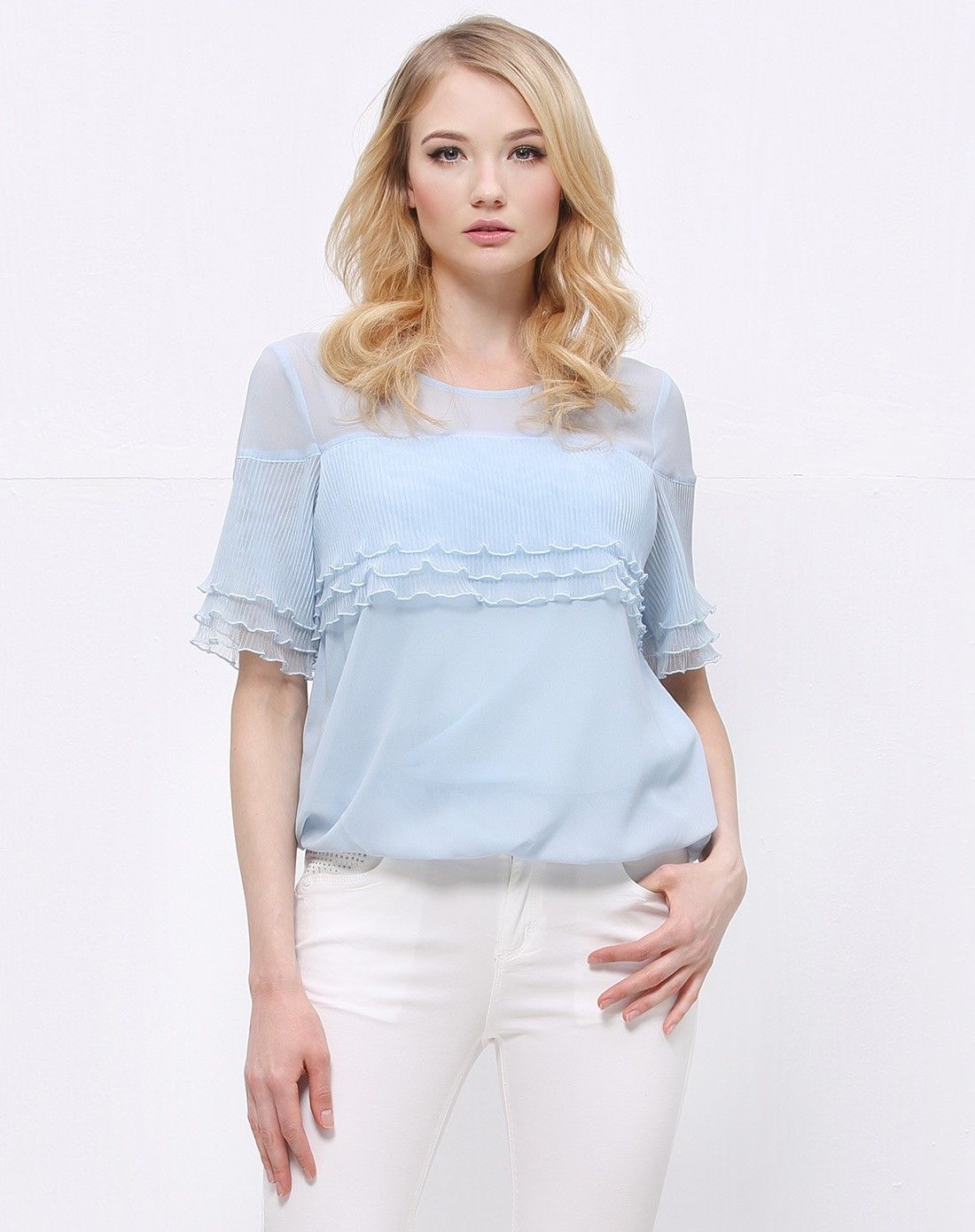 天青蓝柔美荷叶边雪纺衬衫