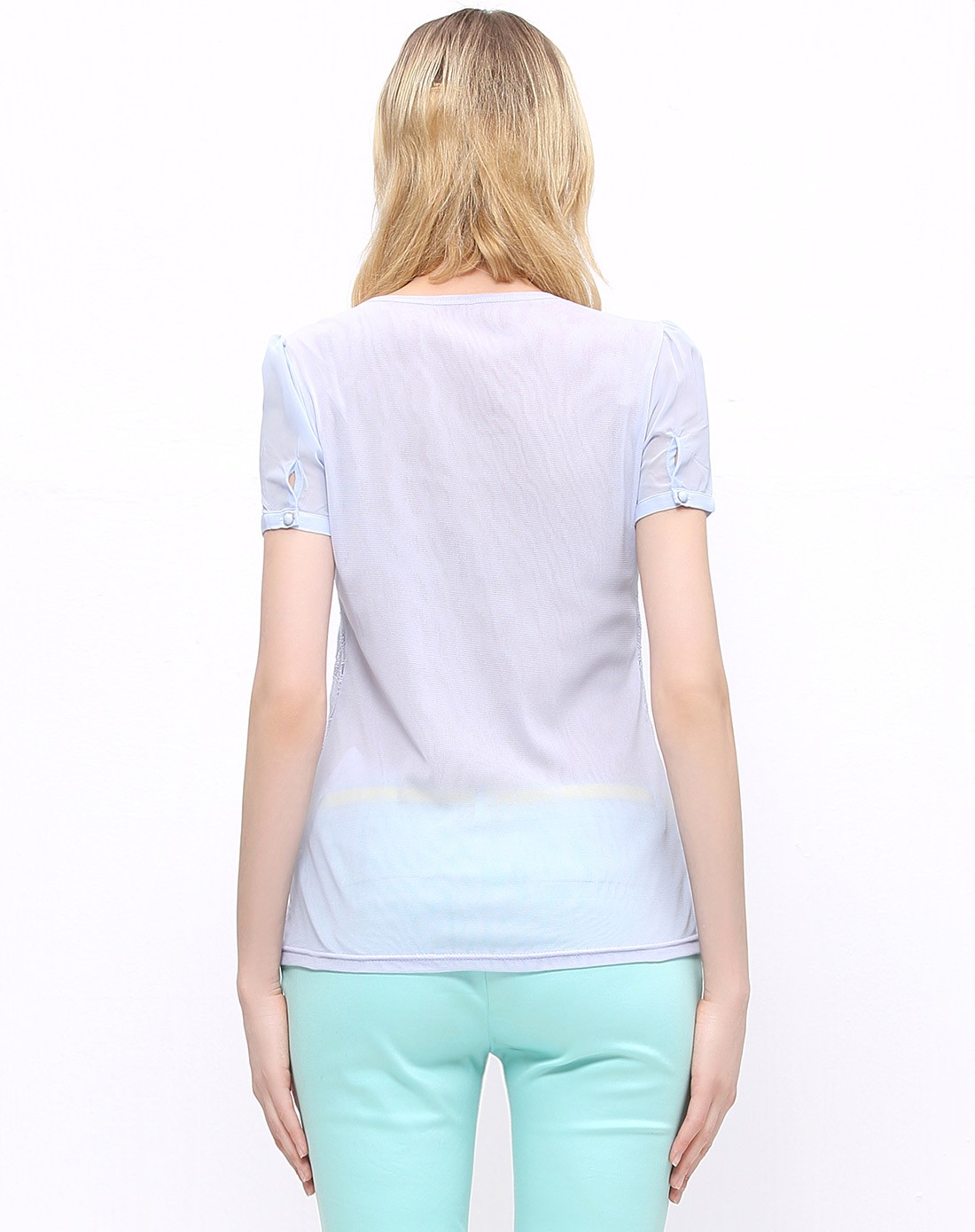 淡紫蓝铜钱提花短袖t恤