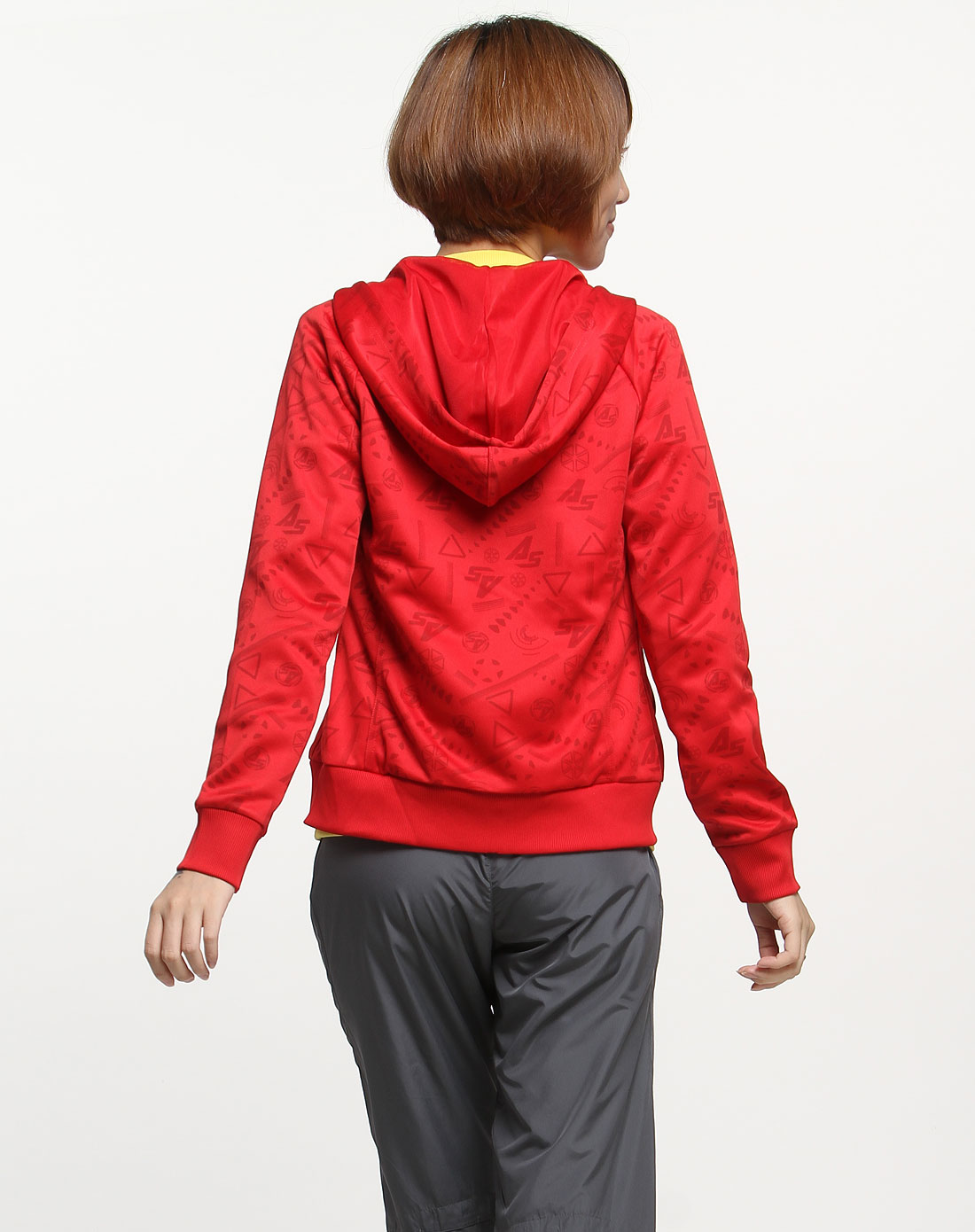 女款深红色运动足球系列长袖连帽针织上衣