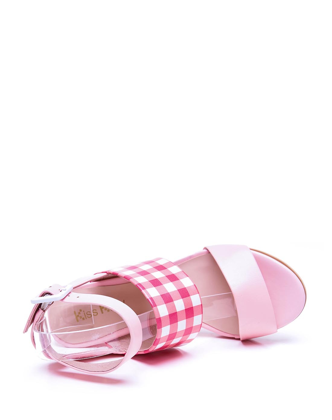 15年新款粉白色方格羊皮凉鞋