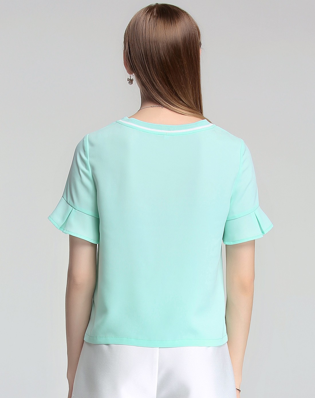 青色韩版修身荷叶袖印花t恤