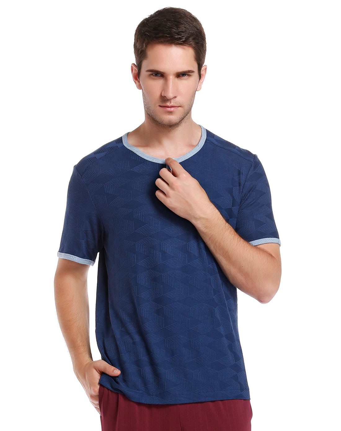 aimer men男款深蓝色时尚提花短袖家居上衣