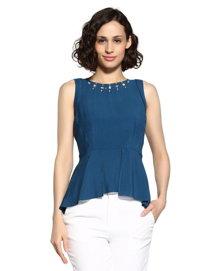 深绿蓝通勤淑女修身亮钻无袖变化衬衫