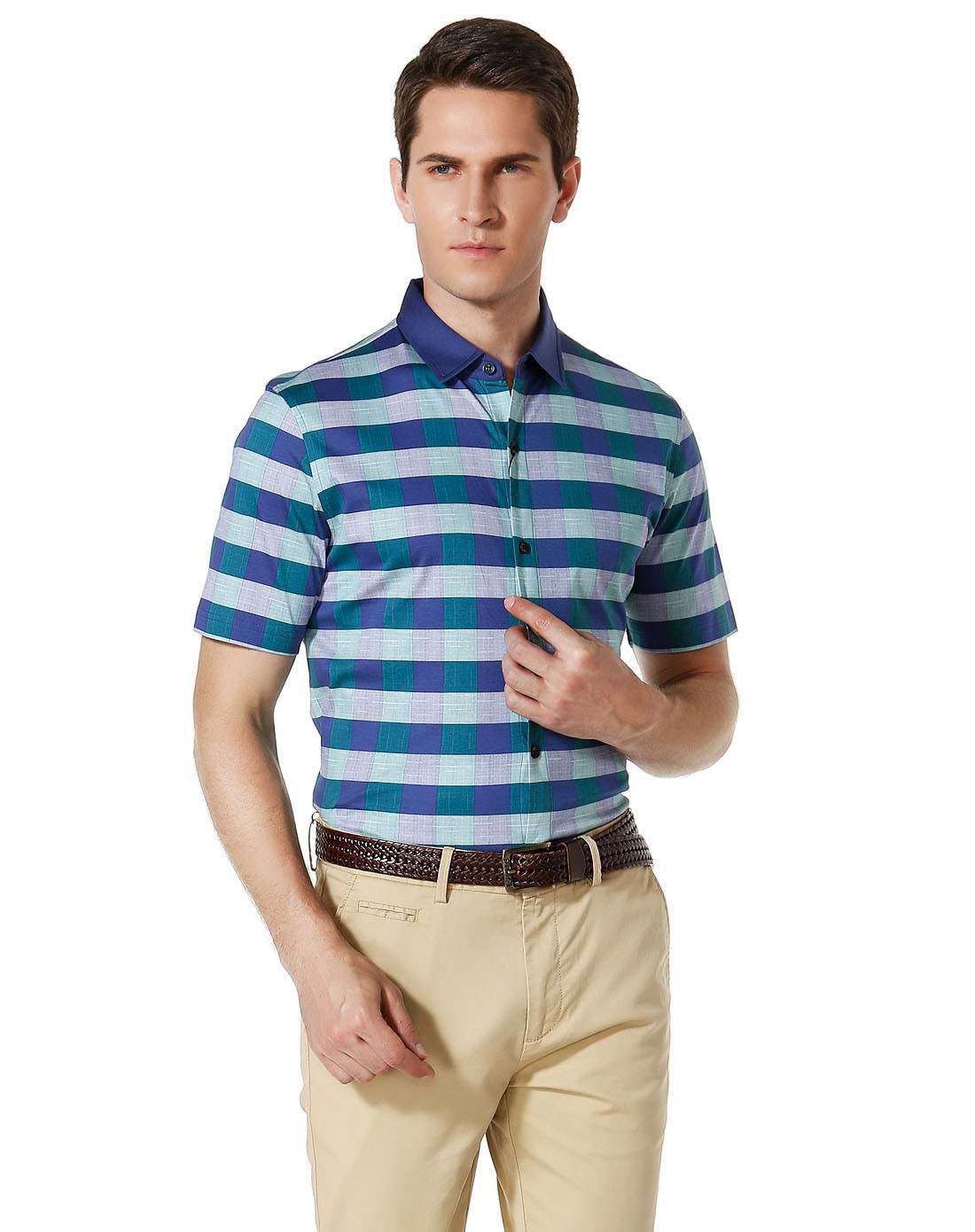 费雷迪吉奥瓦尼freddi giouanni蓝/绿色全棉百搭开襟短袖t恤v3151852