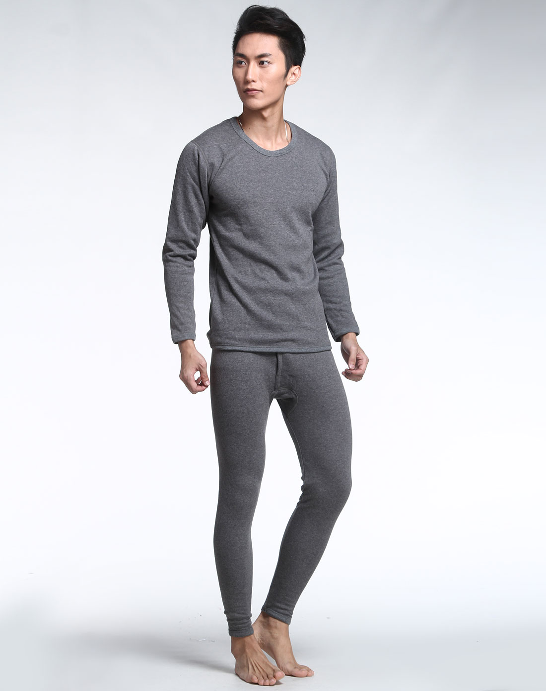 男款深麻灰色羊毛护颈黄金绒长袖保暖内衣套装