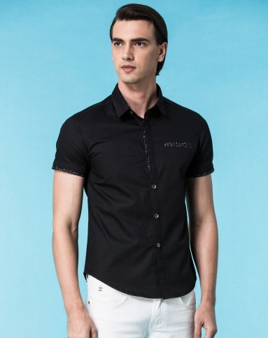 棉质 男士短袖衬衫黑色 吸热透气