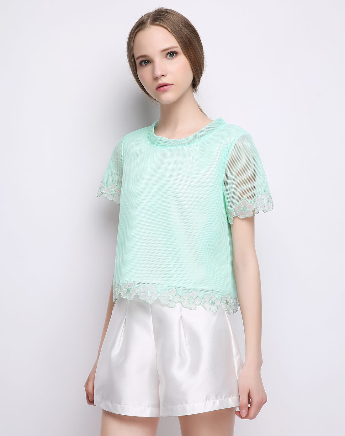女式湖水绿短袖雪纺衫