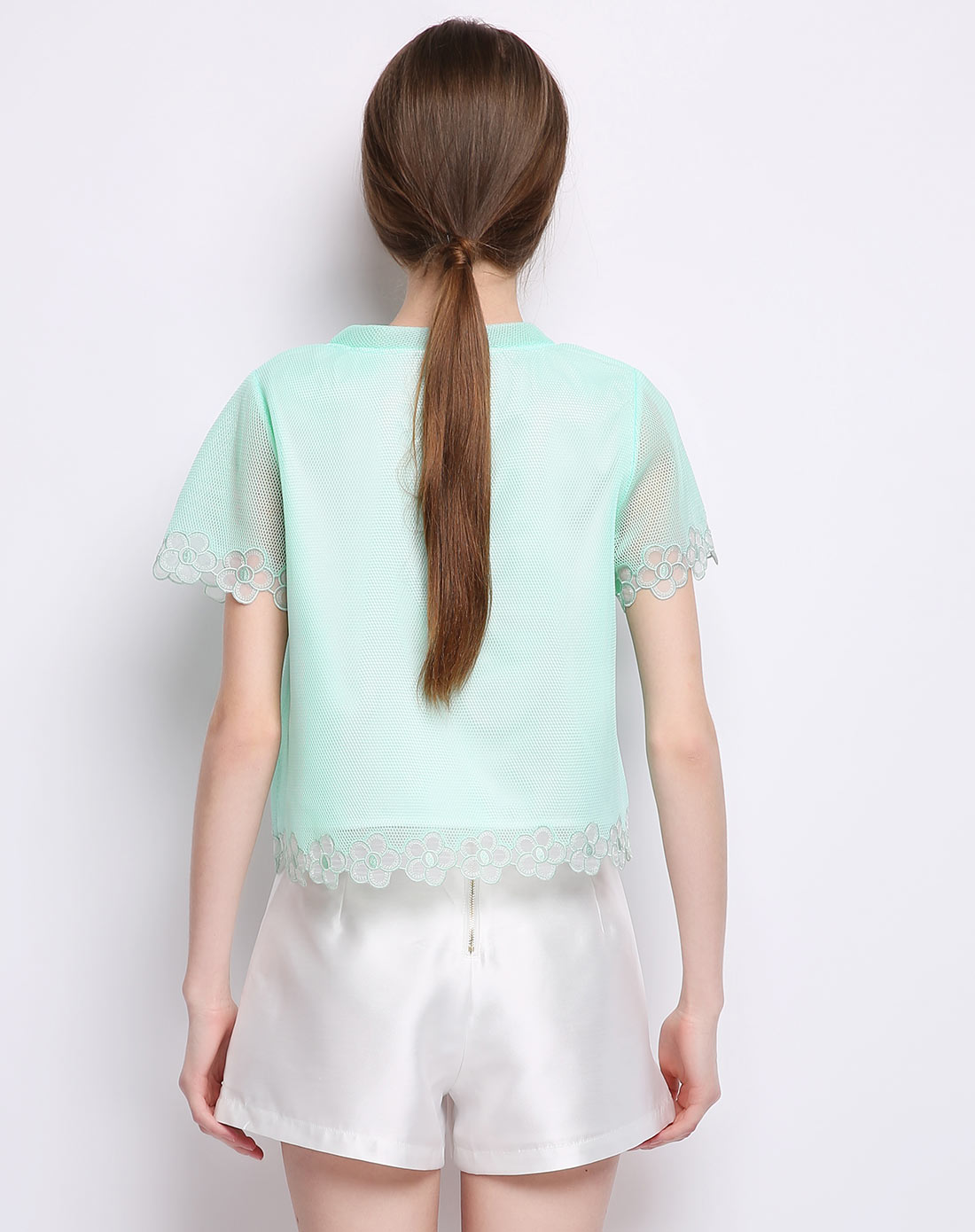 女式湖水绿短袖雪纺衫