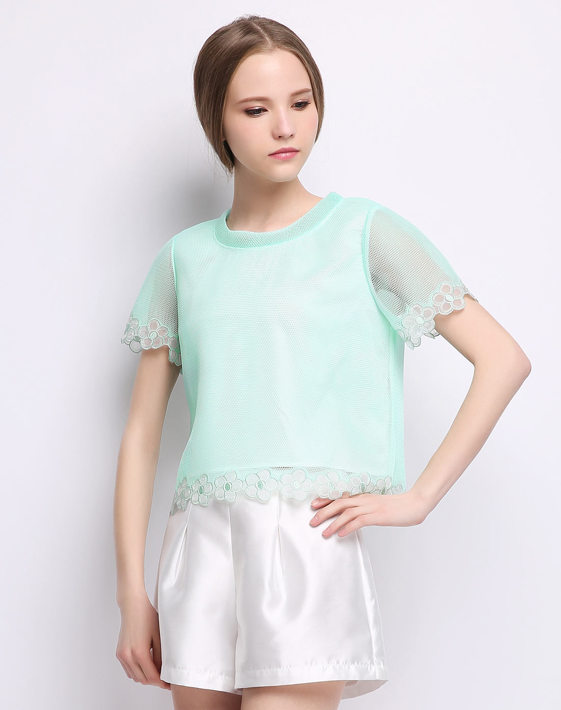 女式湖水绿短袖雪纺衫