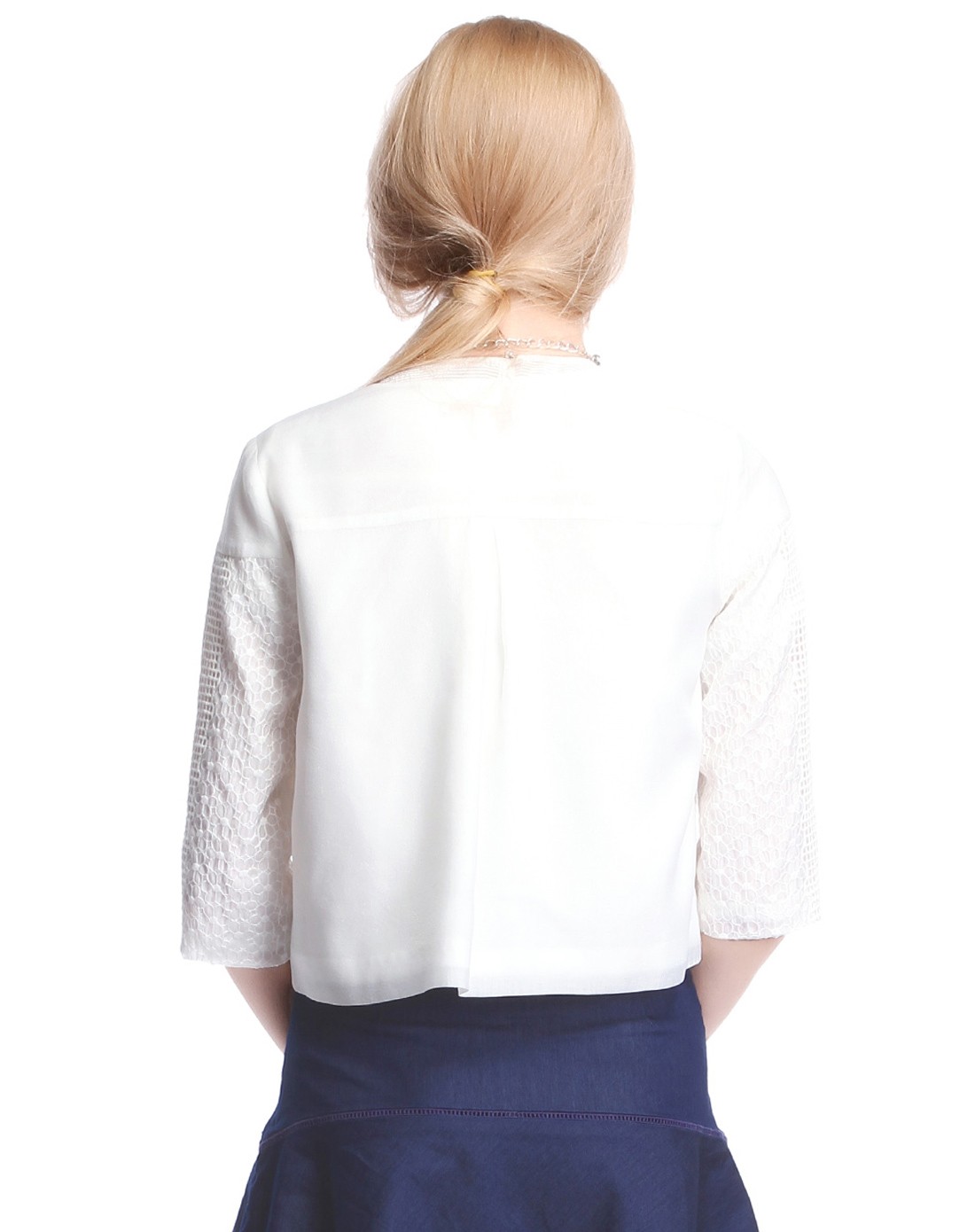 betu百图花朵网格透视薄纱五分袖白色短外套