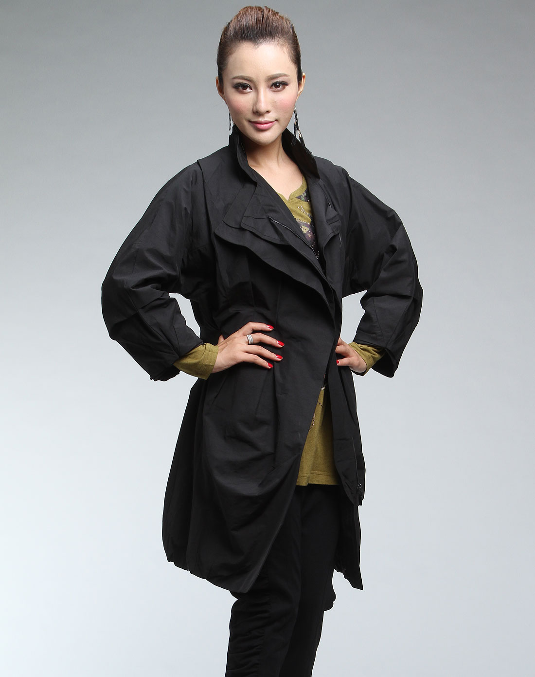 菁夫人kingfovlun女装专场-黑色时尚长袖风衣
