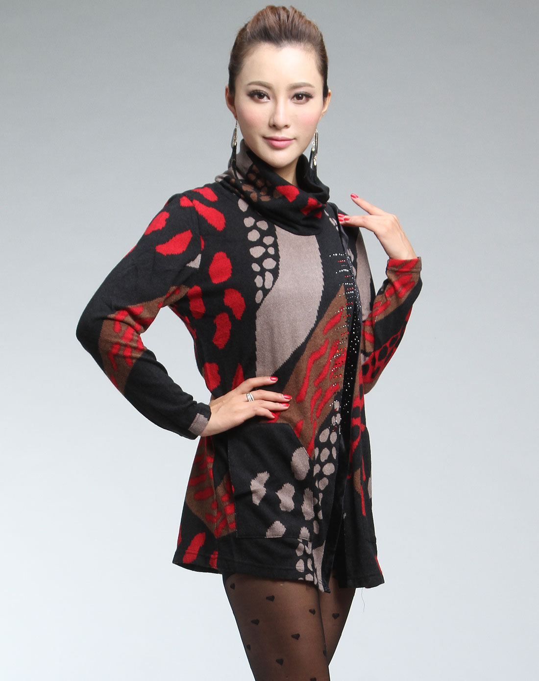 菁夫人kingfovlun女装专场-混色高领长袖简约上衣