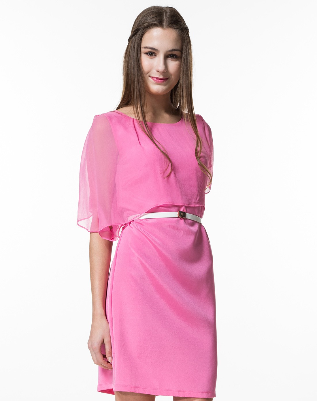 桃粉色优雅淑女中袖连衣裙