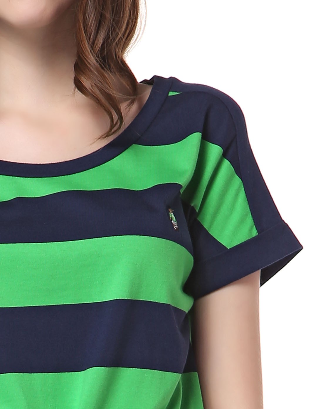 深蓝/绿色条纹圆领时尚短袖连衣裙
