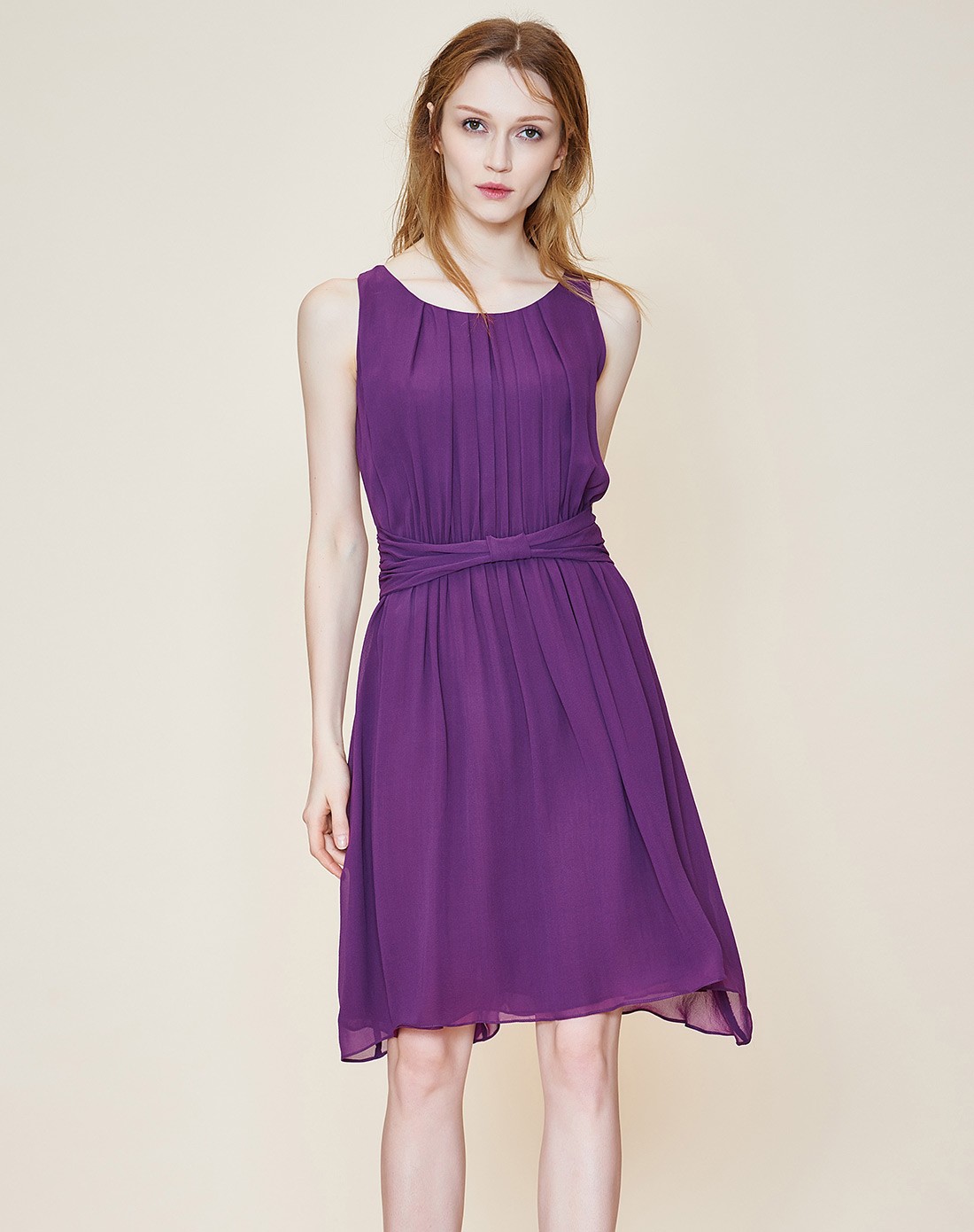 中长款紫色修身无袖真丝连衣裙