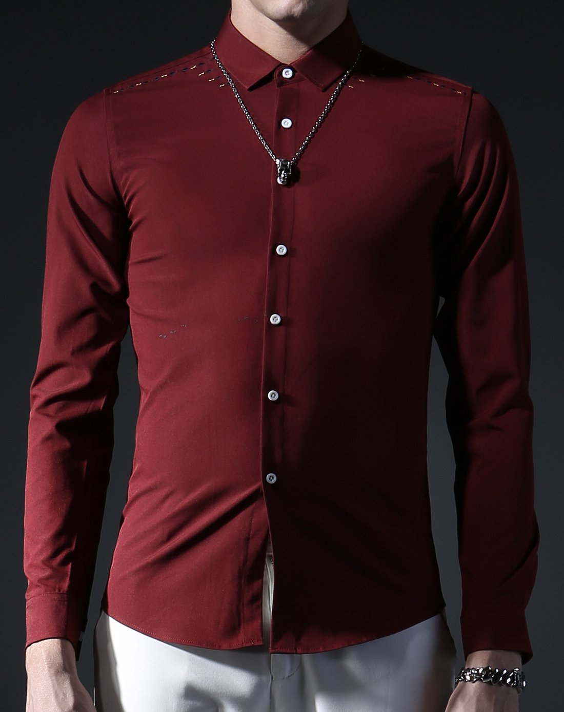 男款酒红色休闲长袖衬衫