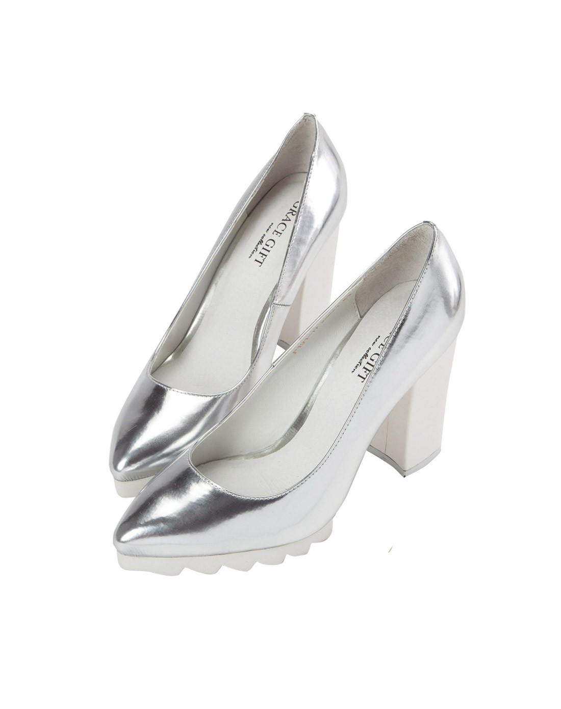 银色-亮面锯齿白底尖头粗跟鞋