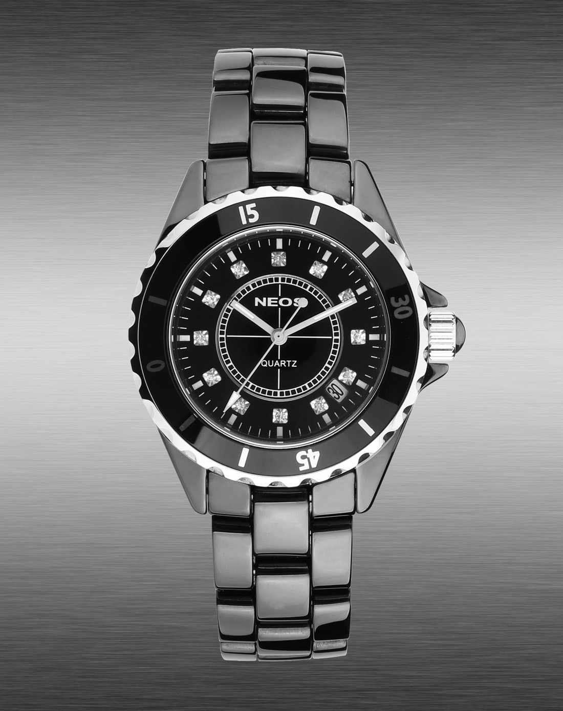 雷欧时neos男款 经典黑陶瓷晶钻面石英表m10581-d-c71_唯品会
