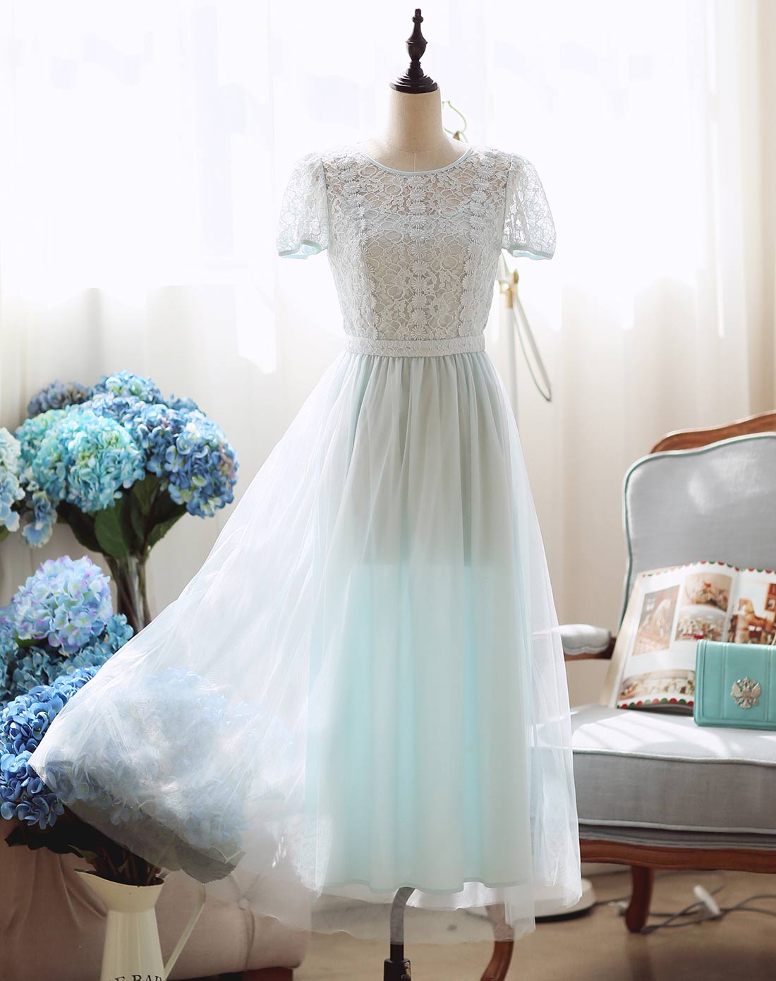 夏娜蕾丝纱质拼接飘仙公主长裙252701062-蓝色_唯品会