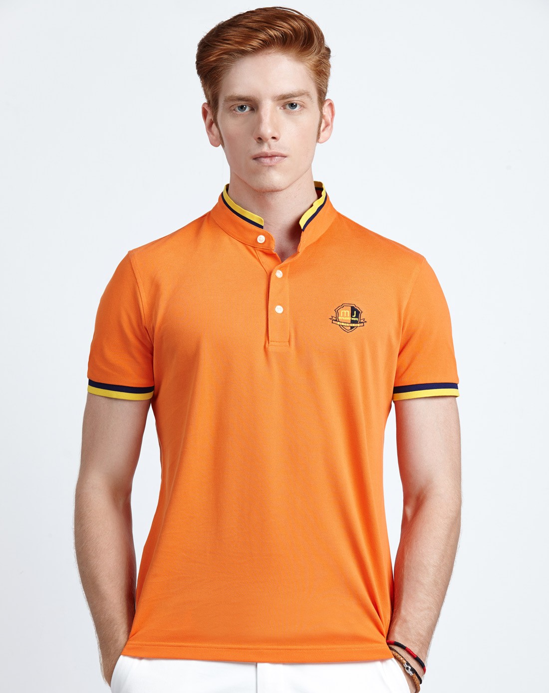 橙色激情活力绚彩拼色立领短袖t恤