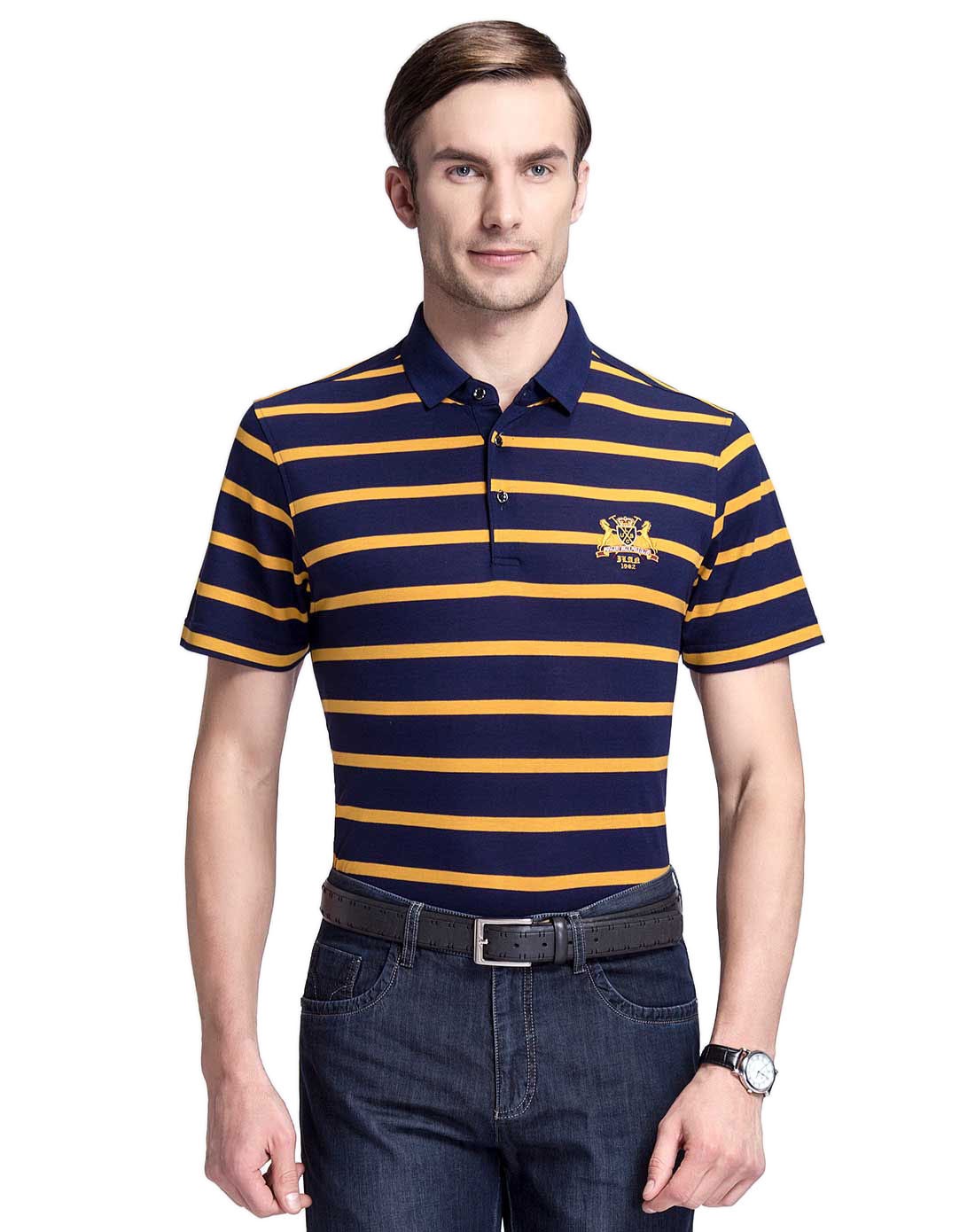 男士商务休闲金色桑蚕丝短袖t恤