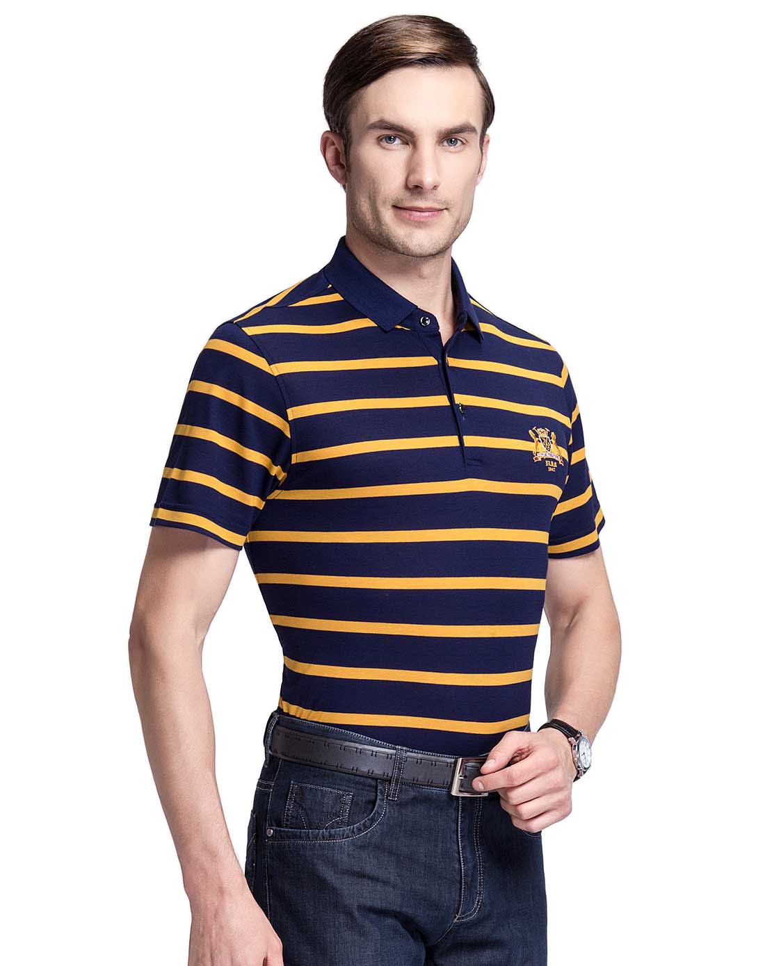 男士商务休闲金色桑蚕丝短袖t恤