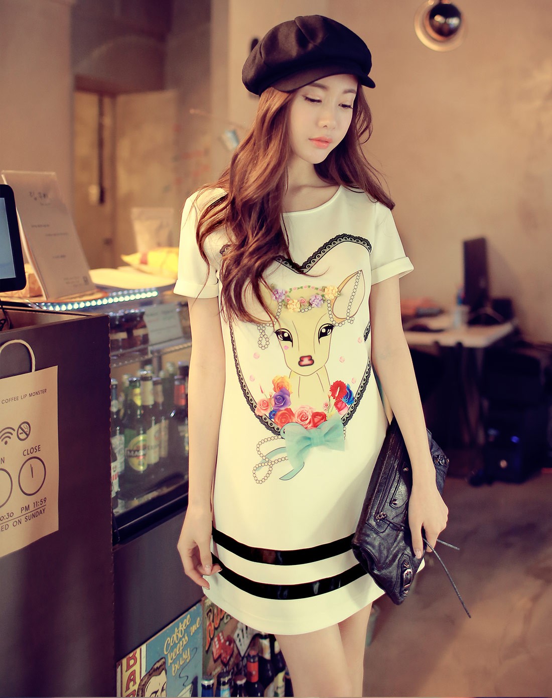 粉红小布娃娃唯美印花拼条纹短袖连衣裙x14bdr371102_唯品会